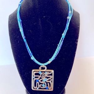 Source Unknown Blue Beaded Necklace with Silver Pendant
